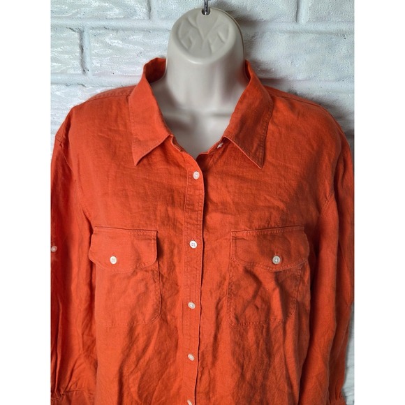 Polo Ralph Lauren Tops - LAUREN Ralph Lauren Linen blouse Women's 2X Orange Roll Sleeve Pockets Button up